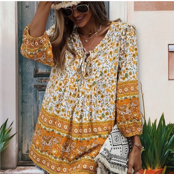 NWT Casual Boho V Neck Top Loose Floral Print Long Sleeve Beach Shirt El… - Picture 2 of 9